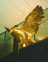 Eagle sculpture, 3 metre wingspan, finished in gold leaf, commissioned by Eagle Star Insurance for their headquarters in St Mary Axe, London.